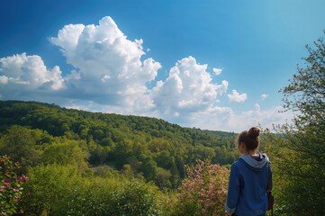 Fototapeta premium During the warm season, the explorer admired the stunning scenery filled with verdant woods and colorful spring flowers beneath a clear azure sky dotted with gentle white clouds.