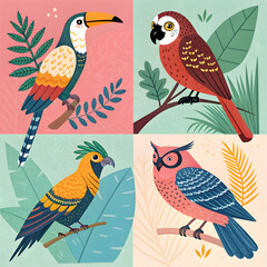 A colorful illustration of four different birds in separate quadrants with foliage backgrounds