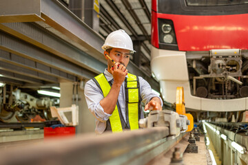 Electric train technician engineer checking controls system for security functions in maintenance infrastructure plant of sky train, public transportation vehicle,Teamwork management concept.