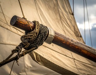 Close-up of a sailboat's wooden mast, ropes, and sail against a cloudy sky