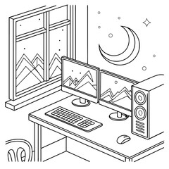 Minimilist isometric view of a desk with dual monitors computer keyboard and mouse under a moonlit night scene vector