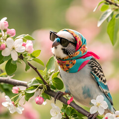 A budgie perched on a blossoming branch wearing sunglasses and a colorful headscarf in spring