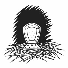 Minimilist illustration of a tombstone with a decorative border and a dark background on a bed of straw like material vector