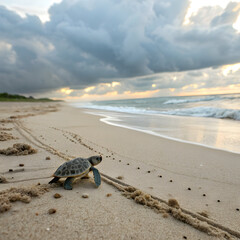 A baby sea turtle crawls on the sandy beach towards the ocean under a cloudy sky at sunset time