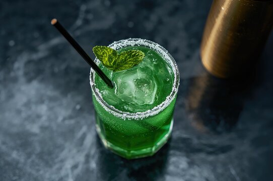 Overhead shot of a refreshing green drink garnished with mint, ice cubes, and a straw, featuring sugared rim and a nearby shaker