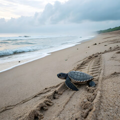 A small sea turtle hatchling crawls across the sandy beach toward the ocean on a cloudy day scene