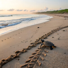 A baby sea turtle crawling on a sandy beach towards the ocean with tracks in the sand at sunrise