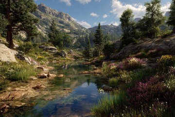 Tranquil river flowing through lush greenery with blooming flowers and reflecting sky, nestled against majestic forested mountains and textured rocky formations. Perfect for nature lovers
