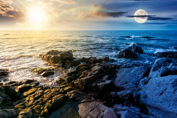 weekend on a rocky beach at the sea. day and night time change concept. beautiful coastline on summer solstice. seascape scenery with clouds above horizon with sun and moon. mysterious weather