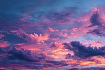 Obraz premium Stunning colorful sky landscape filled with unique cloud shapes in soft pastel pink, purple, and blue hues, creating a serene and magical atmosphere reminiscent of sunrise or sunset