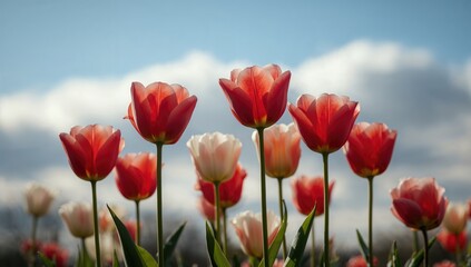 Obraz premium Sunlit crimson and ivory tulips