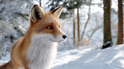 Fototapeta premium Winter Fox in the Snow: A red fox with a keen gaze navigates a snowy woodland, its fur a vibrant contrast against the frosted backdrop.