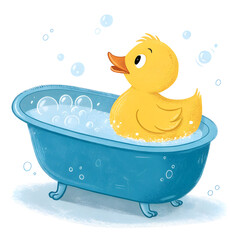 A cartoon illustration of a yellow rubber duck in a blue bathtub filled with bubbles and water