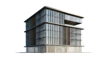 Modern multi story office building with glass facade isolated on white background.