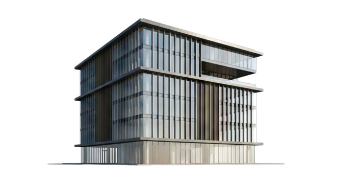 Modern multi story office building with glass facade isolated on white background.