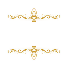 Ornate gold decorative frame element with symmetrical swirls and flourishes, isolated on white background, creating a rectangular space.