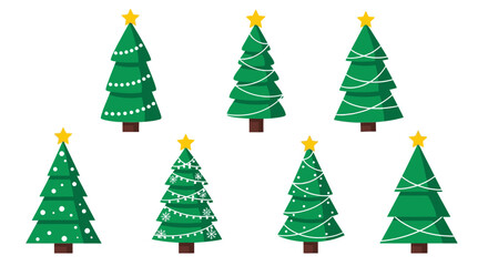 Seven green christmas trees decorated with lights and golden stars are displayed on a white surface.