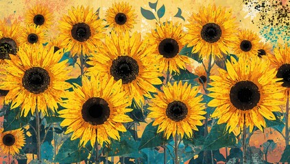 Vintage style with many vibrant sunflowers