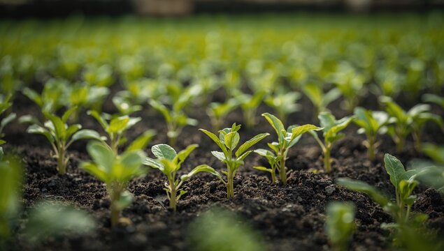 Organic vegetable seedlings thriving with artistic lighting and selective color technique in a garden setting