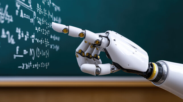 Robotic hand pointing to floating math formulas over digital blackboard, AI teaching assistance concept, clean white background