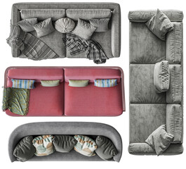 Four highly-detailed 3D sofa renders from a top-down perspective