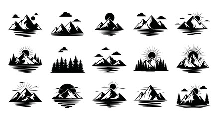 Fototapeta premium Collection of mountain and nature elements in black and white, ideal for outdoor adventure themes.