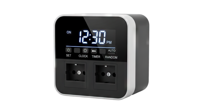 Modern digital alarm clock with integrated power outlets on a white background.