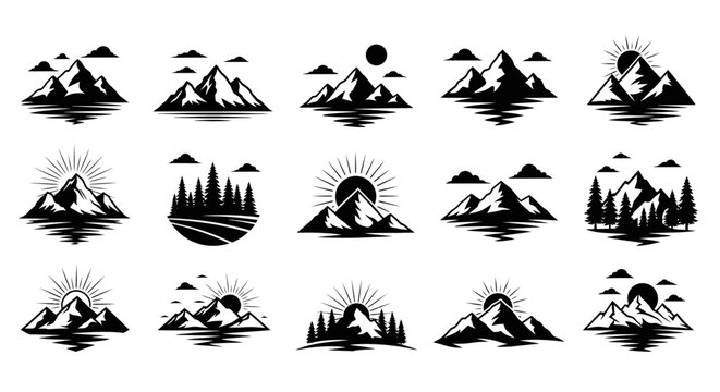 Collection of mountain and nature landscape icons, suitable for outdoor adventure or travel related.