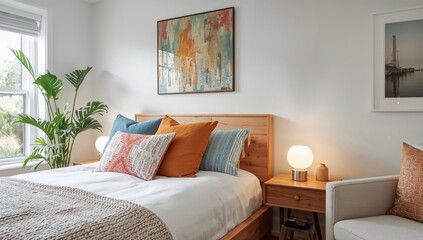 Fototapeta premium Bright bedroom with a bed, cushions, wall art, and a glowing bedside lamp, promoting relaxation and comfort