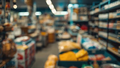 Blurry image of various goods on minimarket shelves, focus on product diversity