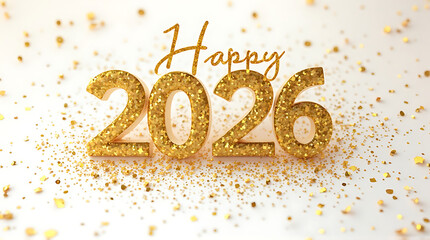 Golden "Happy 2026" text with glitter on a bright white background, celebrating the new year.