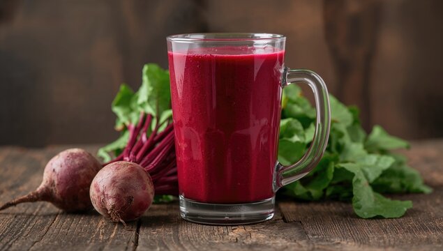 Beetroot smoothie served in a large glass, vibrant beets with greens, rustic wooden backdrop, fiber-dense choice