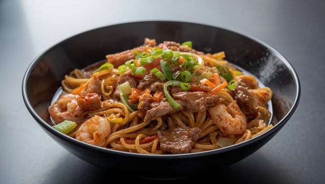 Asian fusion dish featuring stir-fried noodles, vegetables, shrimp, and beef, balanced meal option - Powered by Adobe