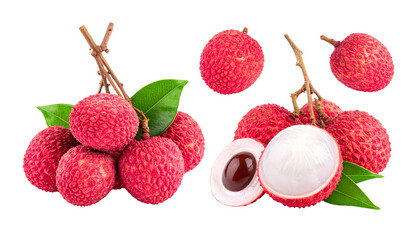 Pair of Whole and Peeled Lychees Displaying Translucent Flesh – isolated on transparent background