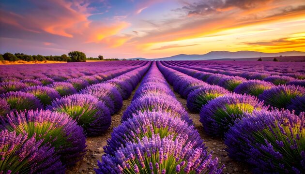 Lavender field rows at sunset with vibrant purple blooms and distant mountains