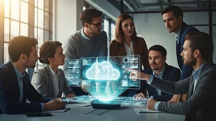 Diverse business team collaborate using futuristic holographic display for cloud data analytics and digital strategy in modern office meeting - Powered by Adobe