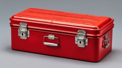 This red metal toolbox features shiny silver latches, highlighting its strength and durability. The classic design makes it suitable for various tools and storage needs.