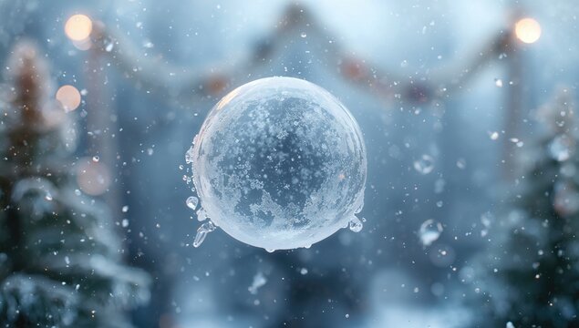 Frozen soap bubble in winter, showcasing seasonal change