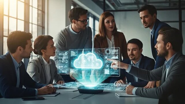 Diverse business team collaborate using futuristic holographic display for cloud data analytics and digital strategy in modern office meeting - Powered by Adobe