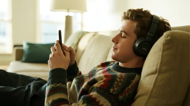 Young man in patterned sweater and headphones reclines on a sofa, smiling softly while scrolling his phone. Cozy daylight atmosphere. Great for lifestyle, tech, telecom and relaxation content.