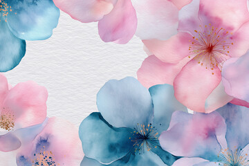 Abstract Watercolor Flowers in Pastel Pink and Blue, Minimal Botanical Design