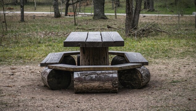 A rustic outdoor area featuring a wooden picnic table and log benches, encircled by tree trunks and lush greenery. - Powered by Adobe