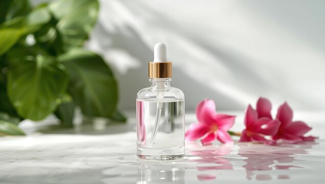 Glass bottle surrounded by leaves and pink flowers, wellness theme