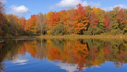 Autumn trees mirrored in a tranquil pond beneath a clear sky