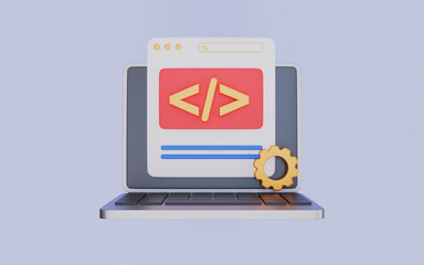 Laptop and web page with gear cogwheel, Software engineering, Web development and SEO, Programming and coding