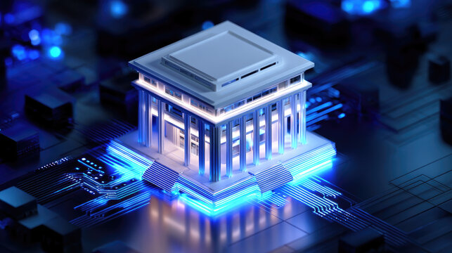 Isometric white cube bank building with subtle glowing circuit patterns, futuristic AI banking concept, clean 3D render