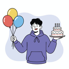Happy man holding a birthday cake with lit candles and colorful party balloons illustration.