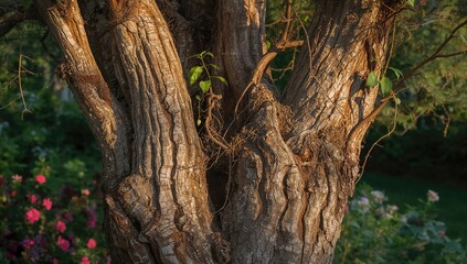 Obraz premium Distinctive patterns appear on the bark of garden trees.