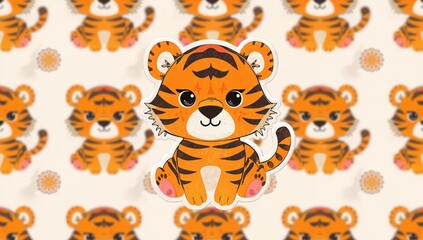 Fototapeta premium Adorable illustrated tiger in a playful design, suitable for background patterns