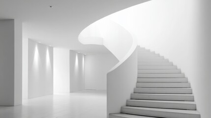 Obraz premium Bright minimalistic interior features a graceful staircase enhancing the serene atmosphere.